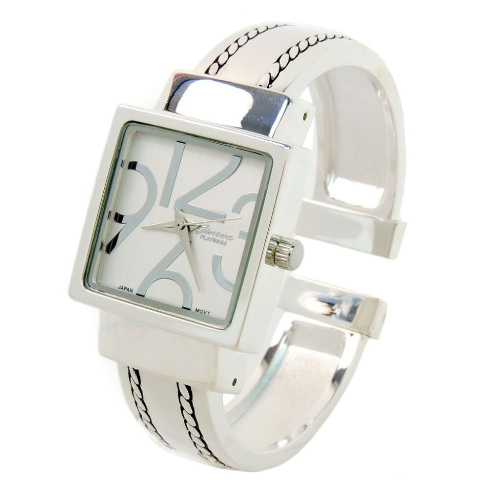 Silver Square Dial with Oversized Hours Stitch Style Bangle Cuff Watch